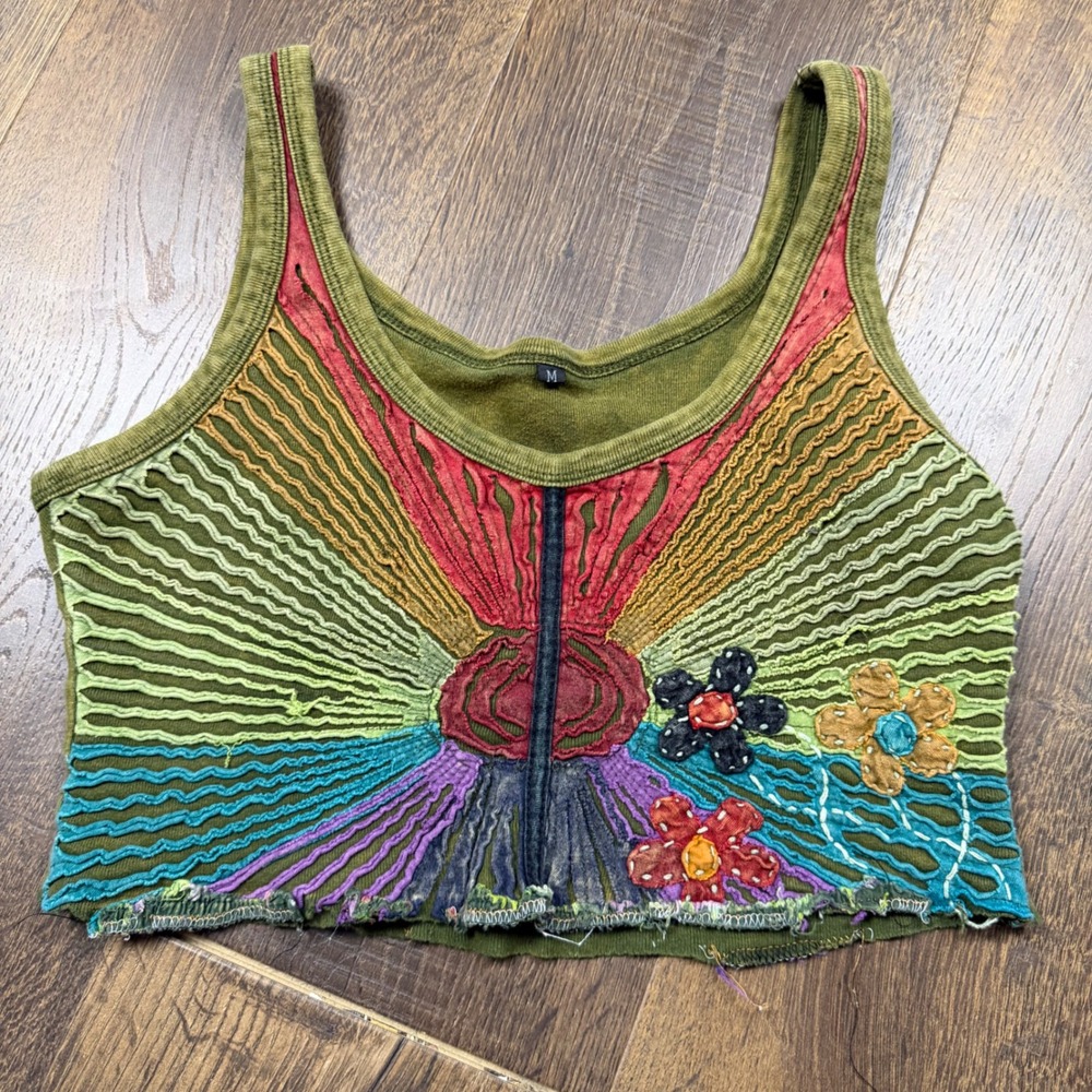 Y2K Women's M Boho Hippie Razor Cut Embroidered Floral Crop Tank Top Green
